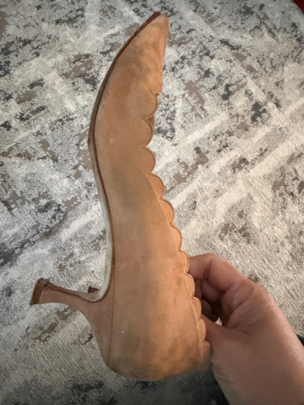 Manolo Blahnik Tan Suede Scallop-Edge Pointed Flats